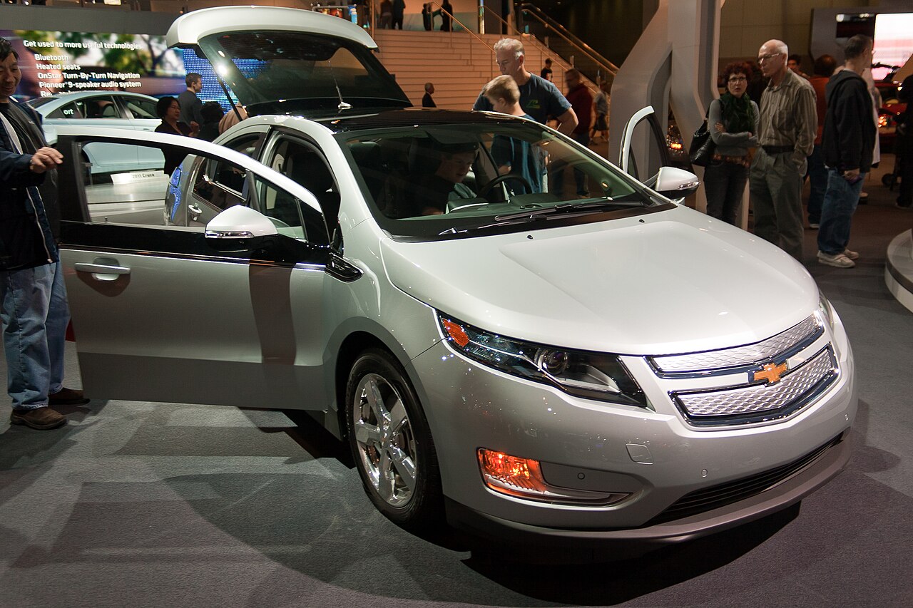 A Chevrolet Volt plug-in hybrid displayed at an auto show.