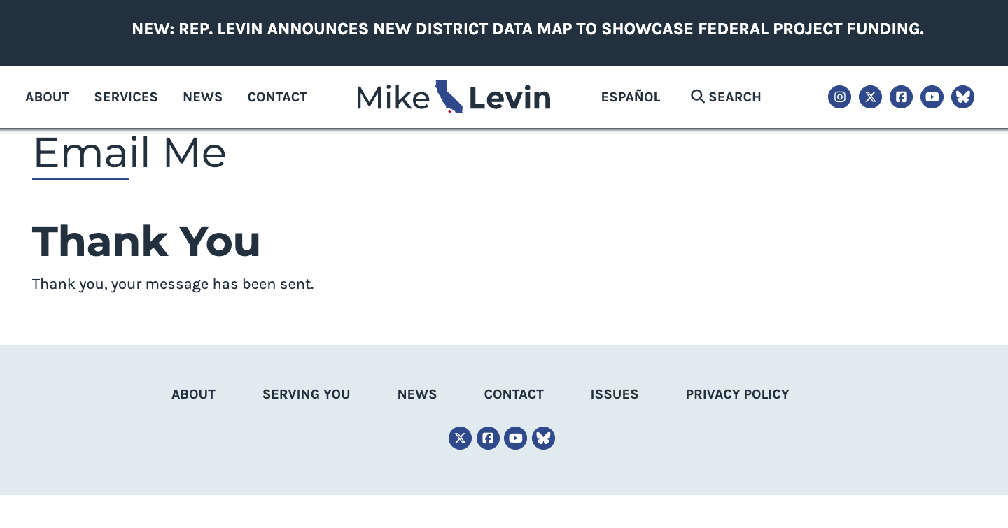 Confirmation page from Representative Mike Levin's website stating, Thank you, your message has been sent.